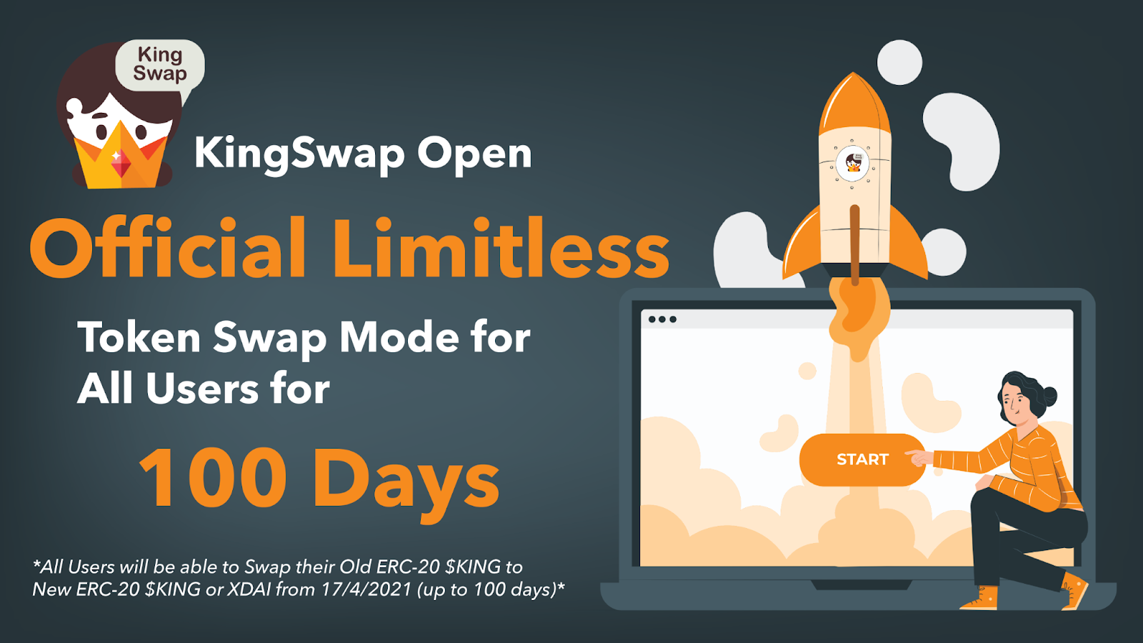 KingSwap Open Official Limitless Token  Swap Mode for All Holders of $KING Tokens for 100 Days